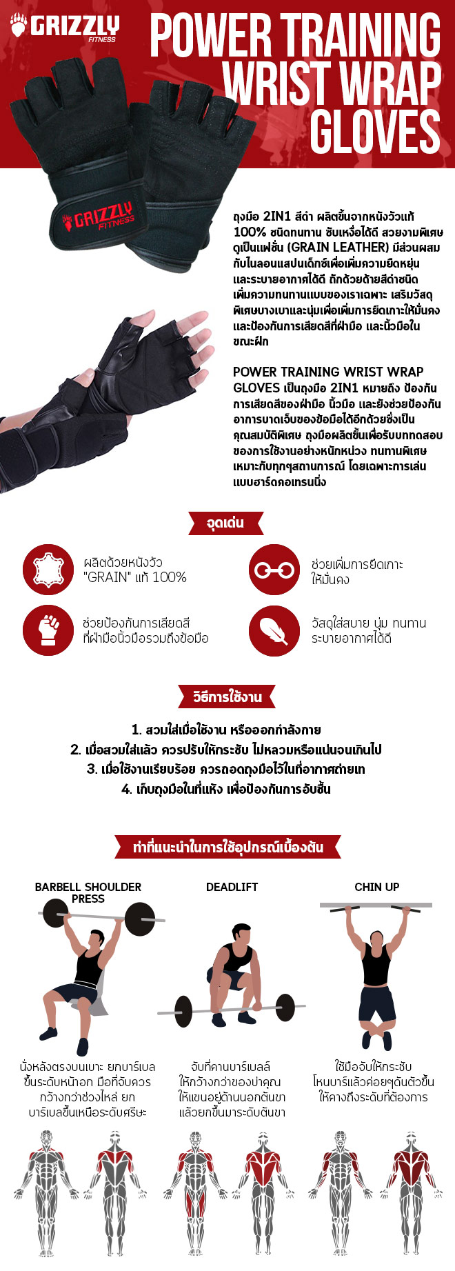1. ผลิตด้วยหนังวัว ''Grain'' แท้ 2. ช่วยป้องกันการเสียดสีที่ฝ่ามือและข้อมือ 3. ช่วยป้องกันอาการบาดเจ็บที่ข้อมือ 4. นุ่มมือ สวมใส่สบาย ระบายอากาสได้ดี 4c792498e1448cb0445bfd789b7cf05d.jpg