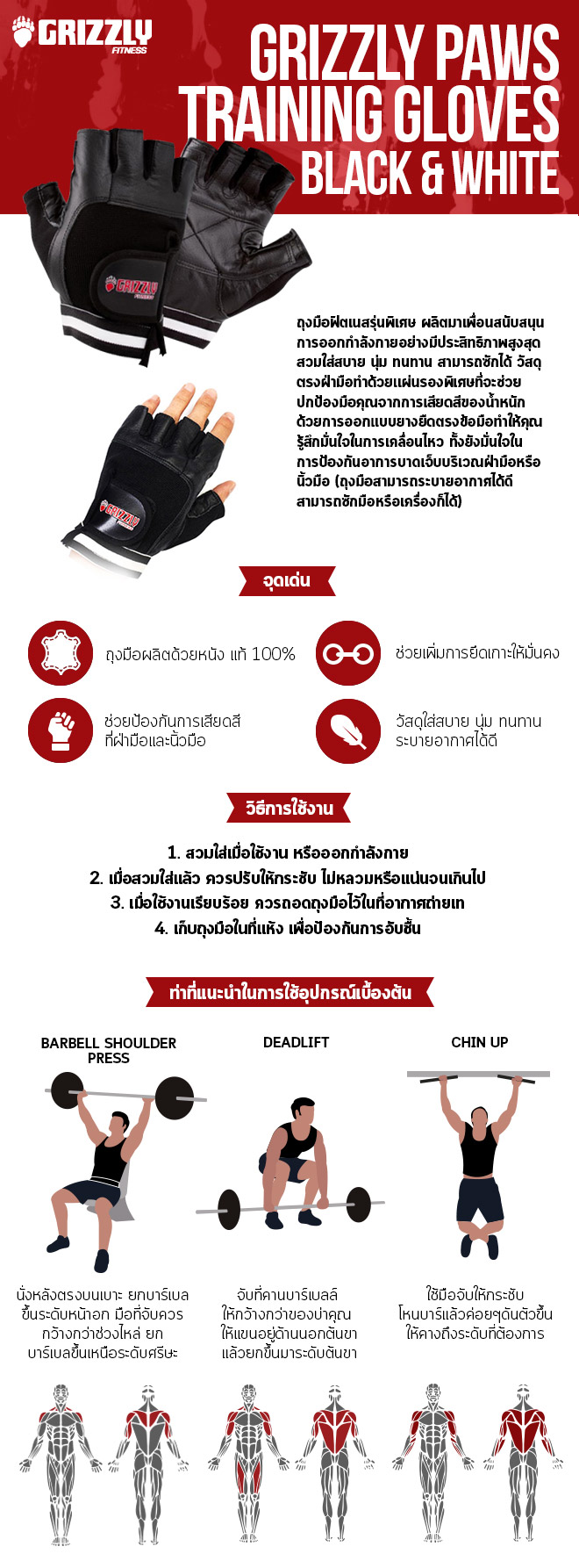 1. ผลิตด้วยหนังวัวแท้ 100% 2. ช่วยเพิ่มการยึดเกาะให้มั่นคง 3. ช่วยป้องกันการเสียดสีที่ฝ่ามือและนิ้วมือ 4. ใส่ได้ทั้งชายและหญิง 8e8803c9344f4e3b4079bae18e0f10ee.jpg